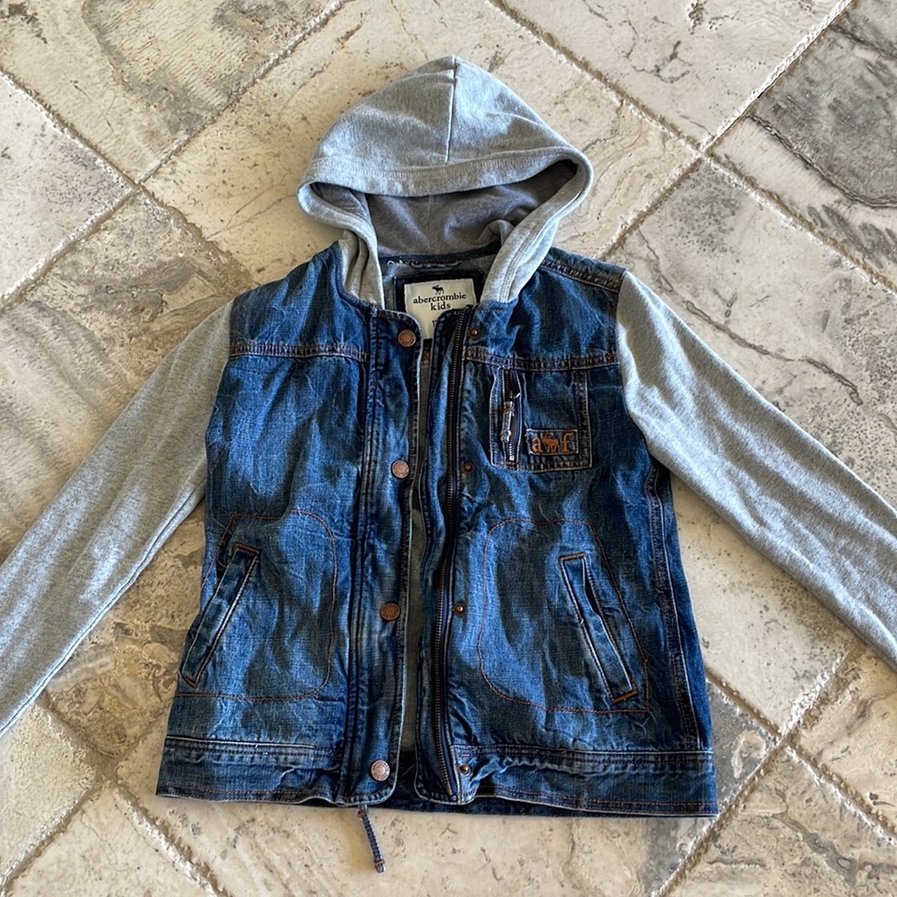 abercrombie’s kids jean jacket with grey hood and sleeves